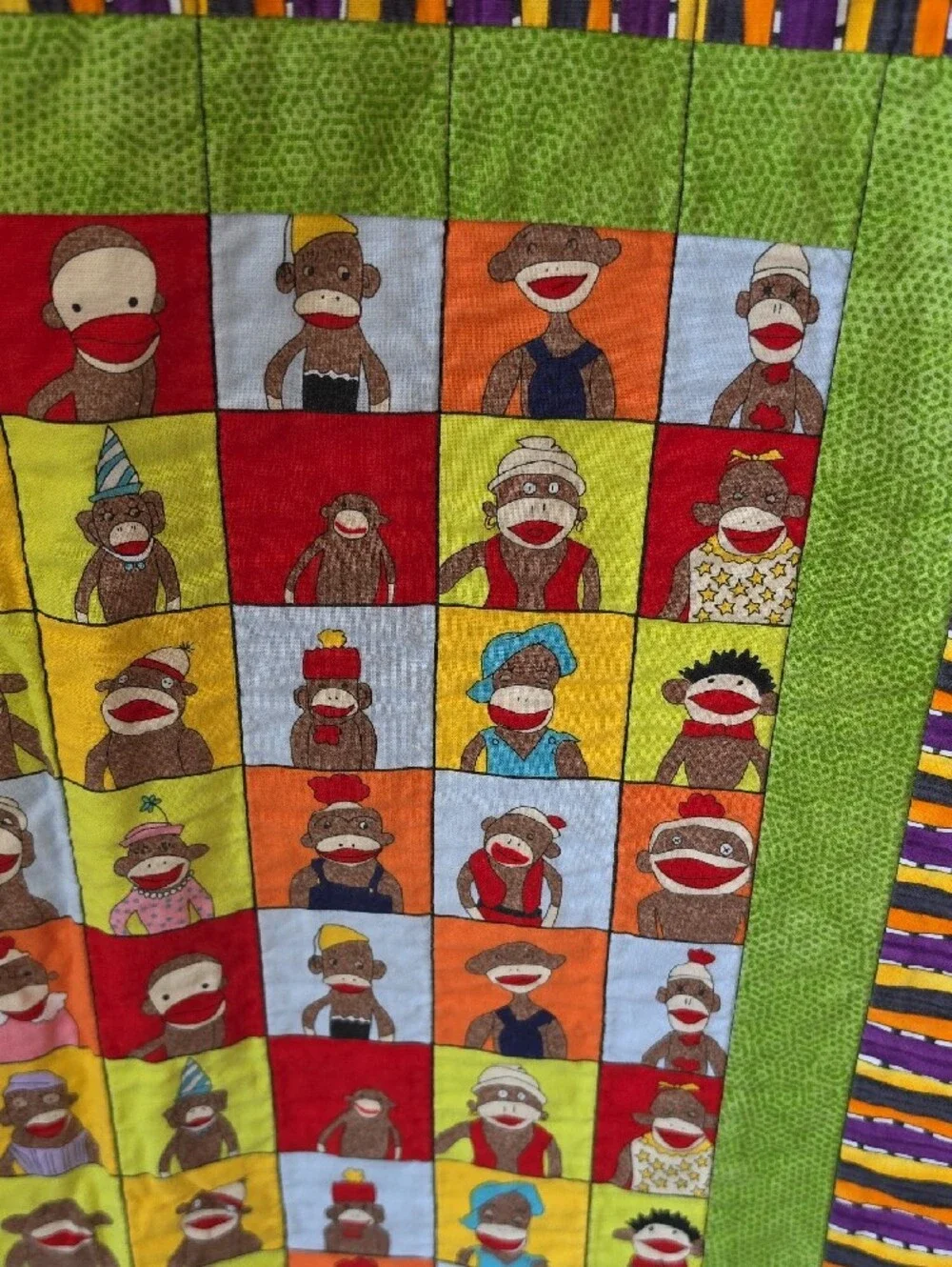 Kids Colorful Patchwork Quilt Blanket w/Sock Monkey & Banana Motif 🐒🍌♥️